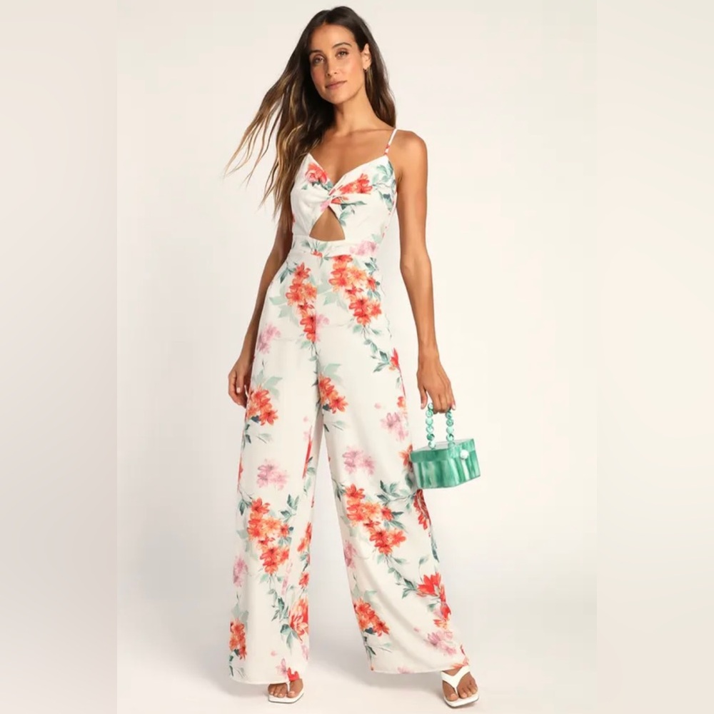 Lulu’s Bountiful Beauty White Floral Print Cutout Wide-Leg Jumpsuit, size XL